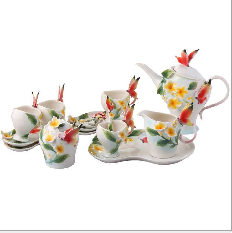 High grade enamel porcelain 16 pieces butterfly frangipani tea set creative business gifts---MM016